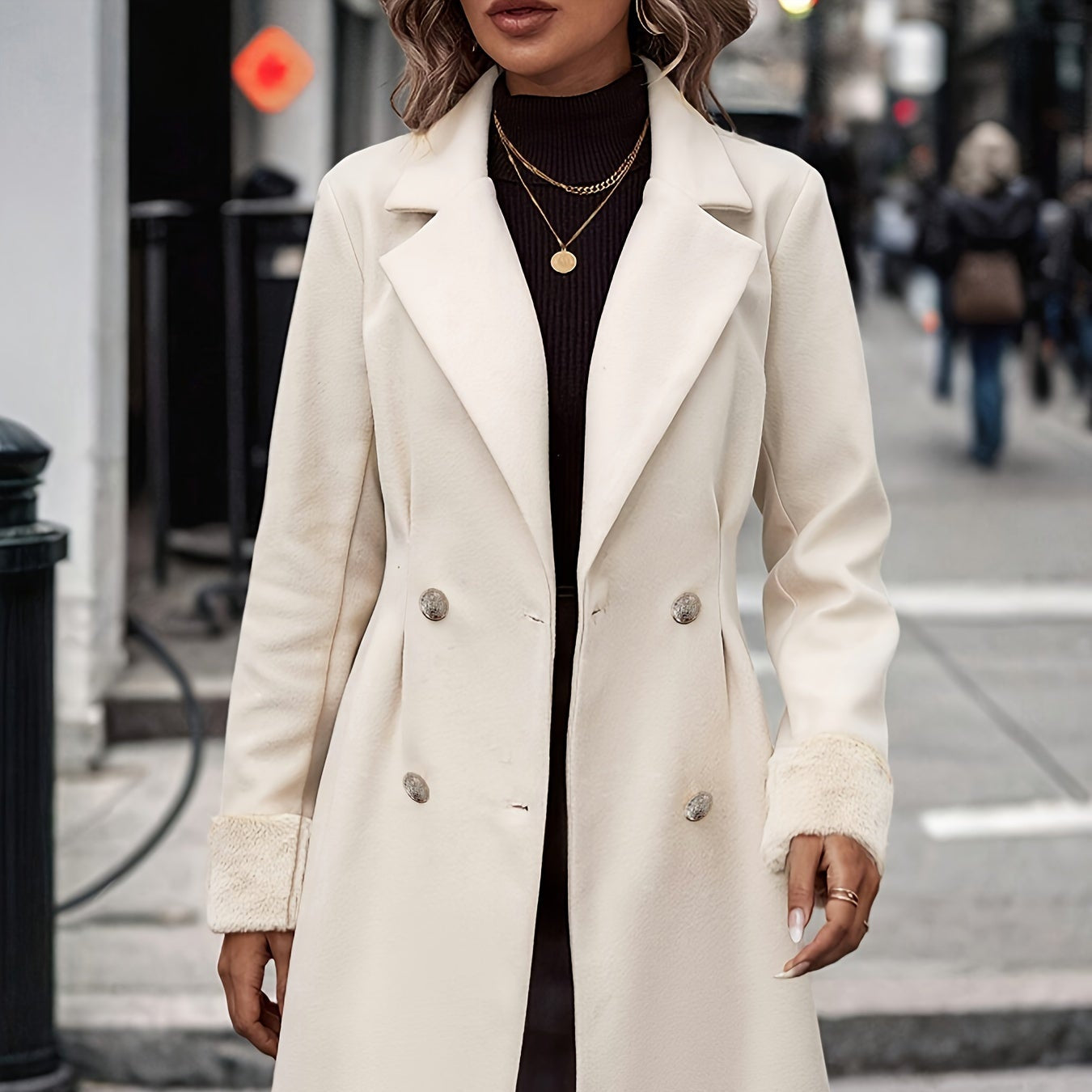 Rosgrove | Women - Apricot Double-Breasted Coat - Fuzzy Cuffs