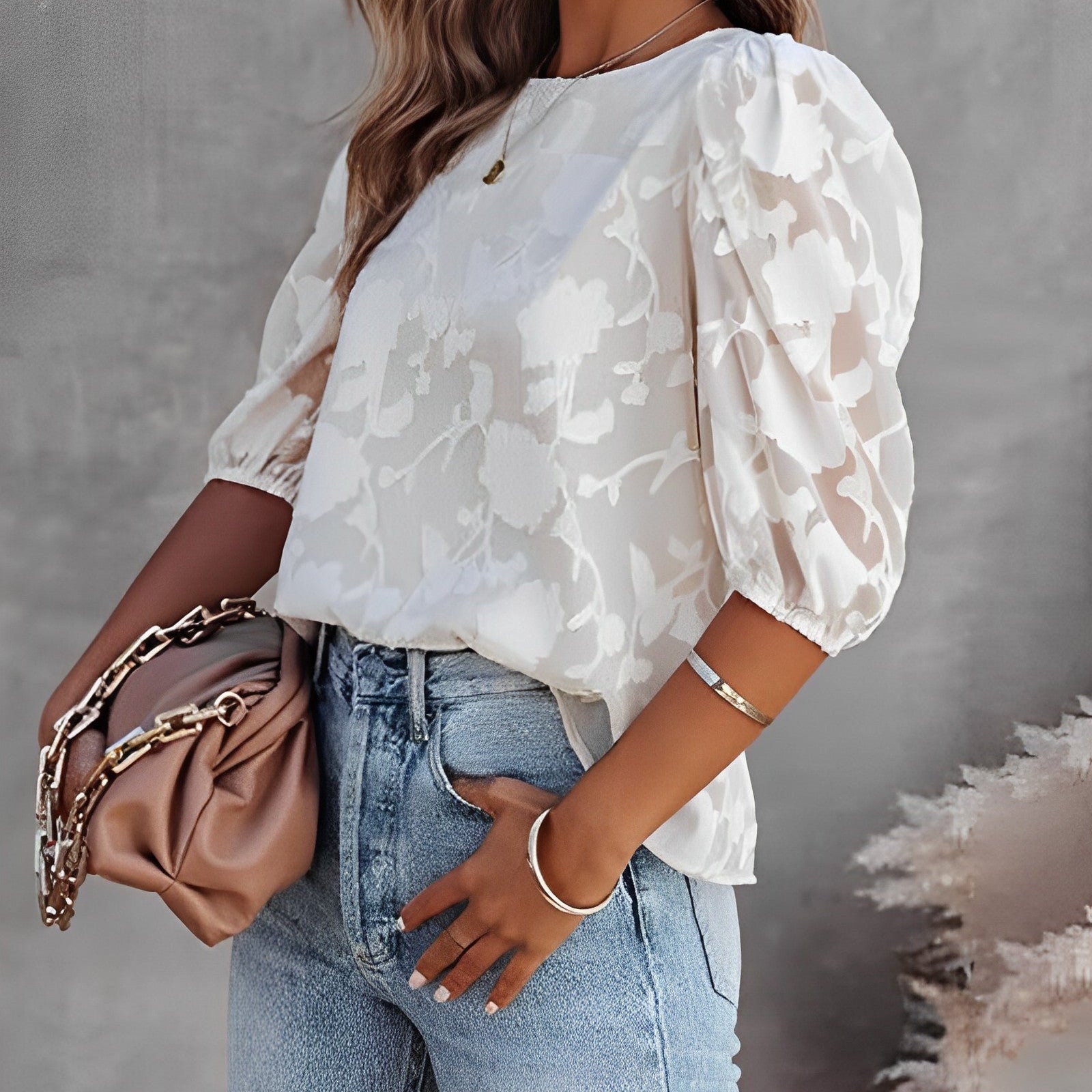 Rosgrove | Women - Puff Sleeve Chiffon Shirt - Elegant Lightweight Blouse