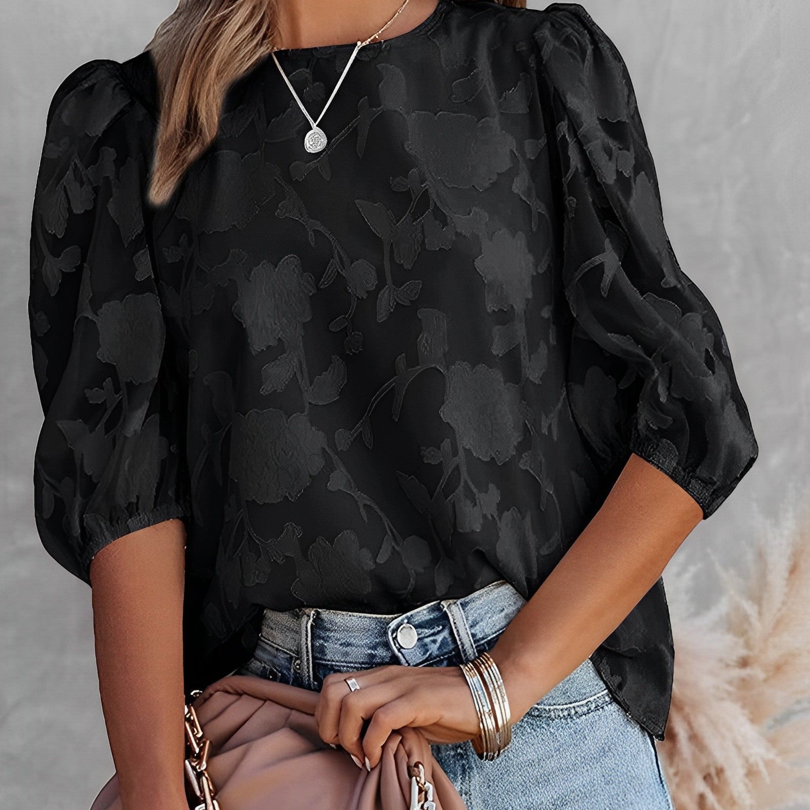 Rosgrove | Women - Puff Sleeve Chiffon Shirt - Elegant Lightweight Blouse