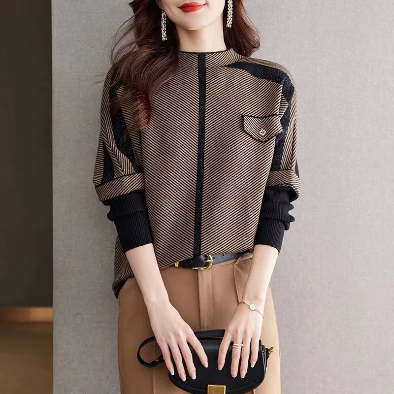 Rosgrove | Women - Hip-Length Mock Neck Pullover with Diagonal Stripes