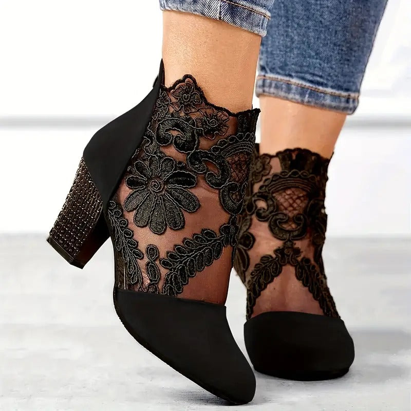 Rosgrove | Women - Lace Ankle Boots – Floral Sheer Design