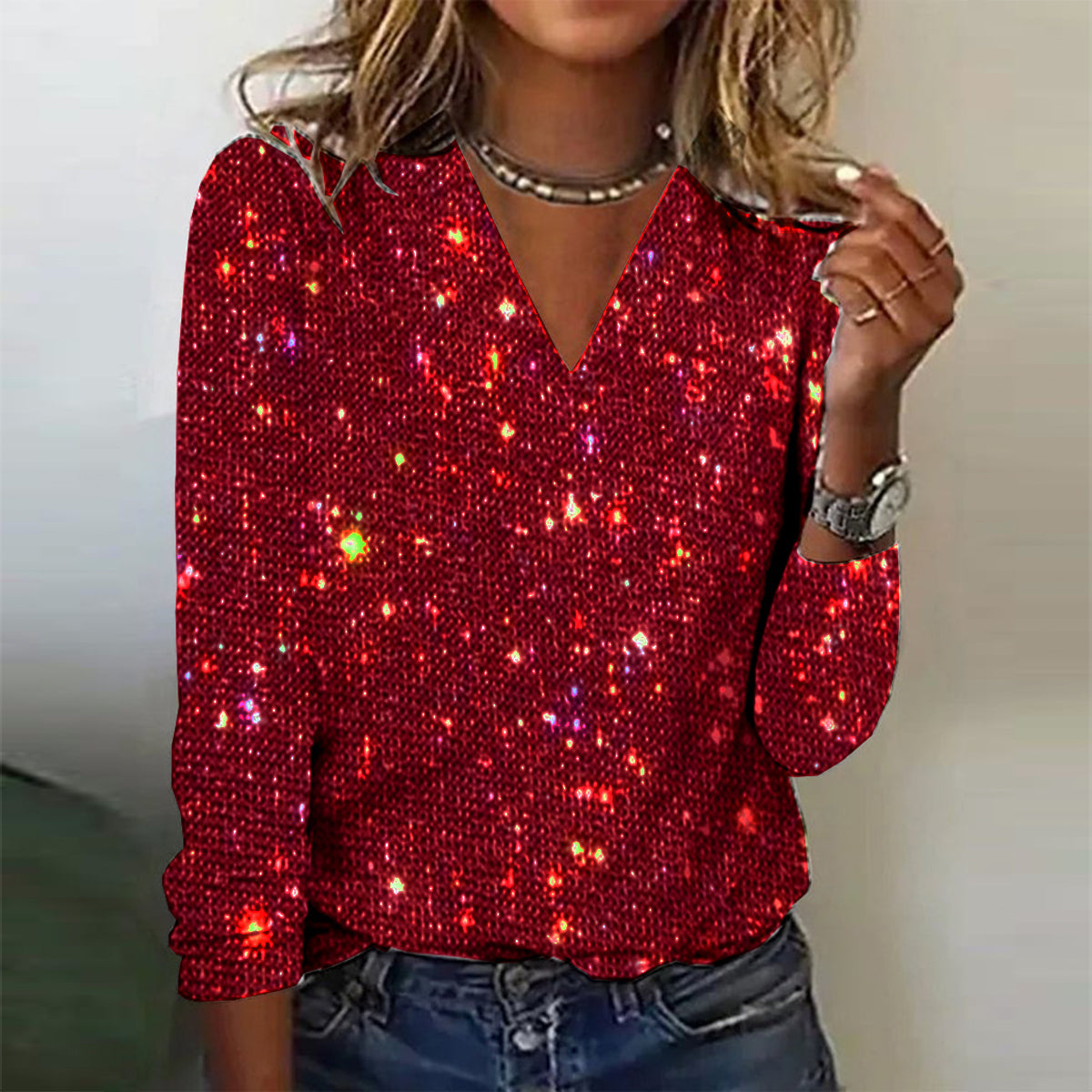 Rosgrove | Women - Shimmering Long-Sleeve Blouse - V-Neck