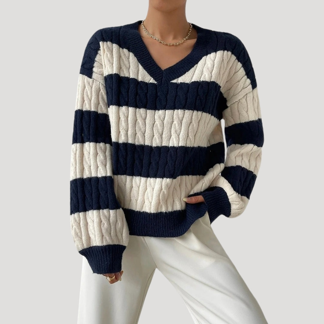 Rosgrove | Women - Oversized V-Neck Cable Knit Jumper - Striped