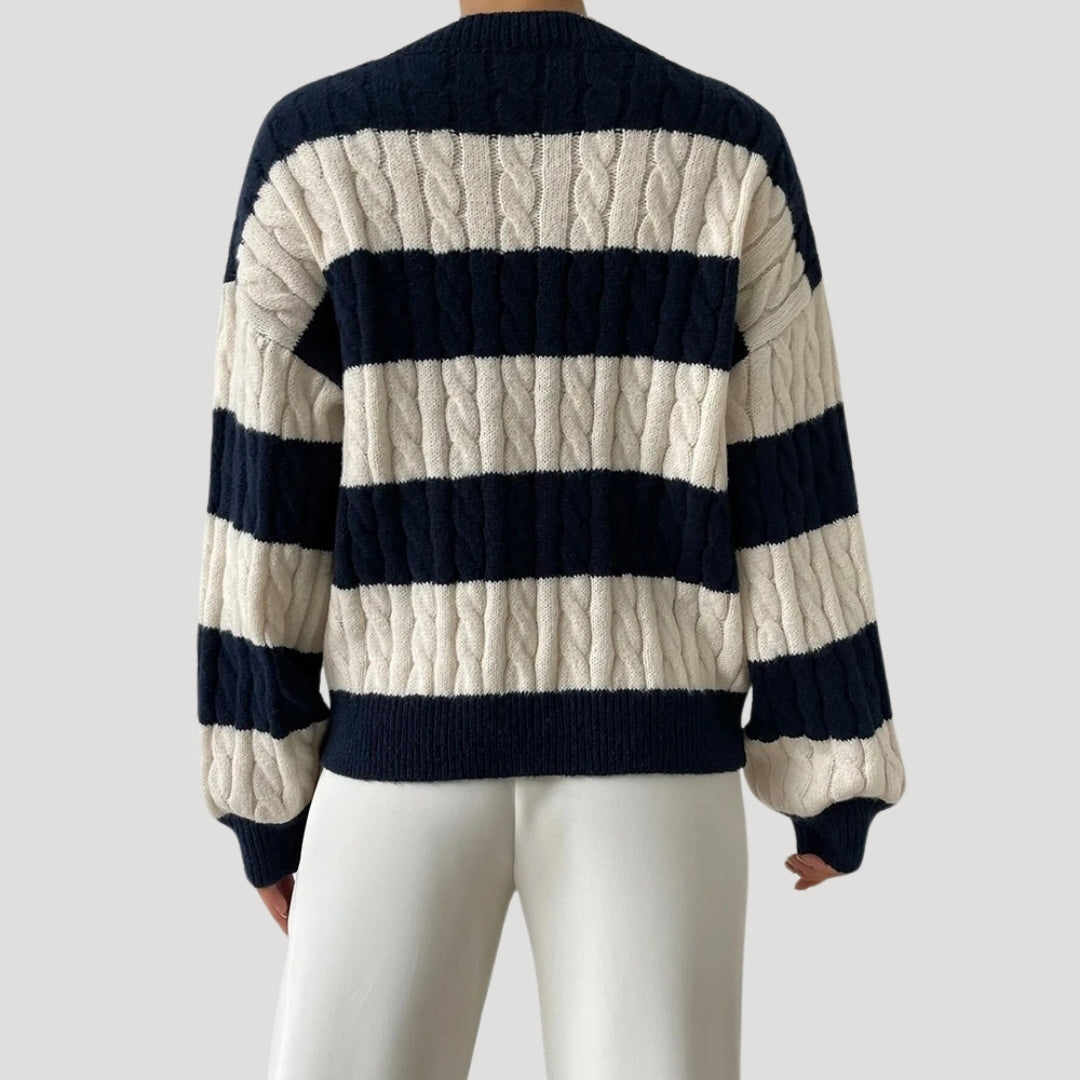 Rosgrove | Women - Oversized V-Neck Cable Knit Jumper - Striped