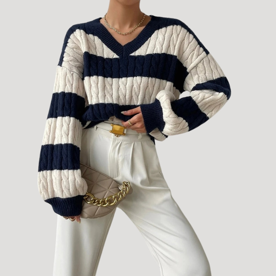 Rosgrove | Women - Oversized V-Neck Cable Knit Jumper - Striped