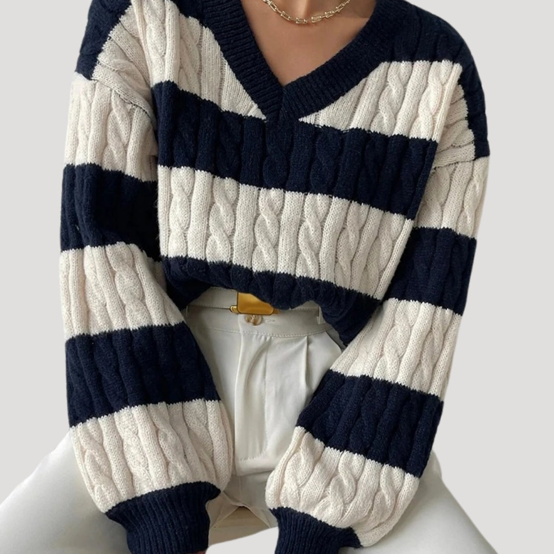 Rosgrove | Women - Oversized V-Neck Cable Knit Jumper - Striped