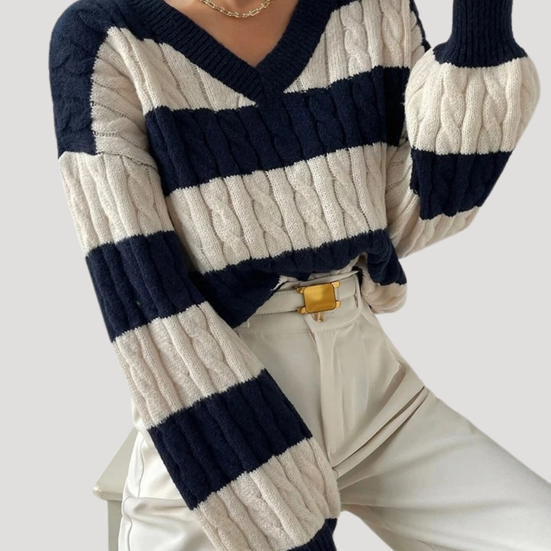 Rosgrove | Women - Oversized V-Neck Cable Knit Jumper - Striped