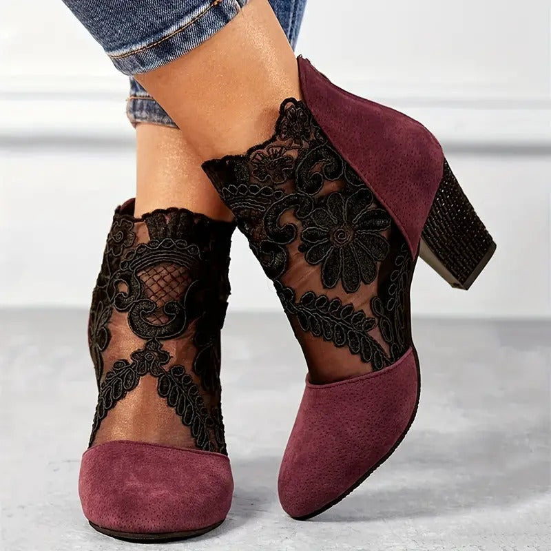 Rosgrove | Women - Lace Ankle Boots – Floral Sheer Design