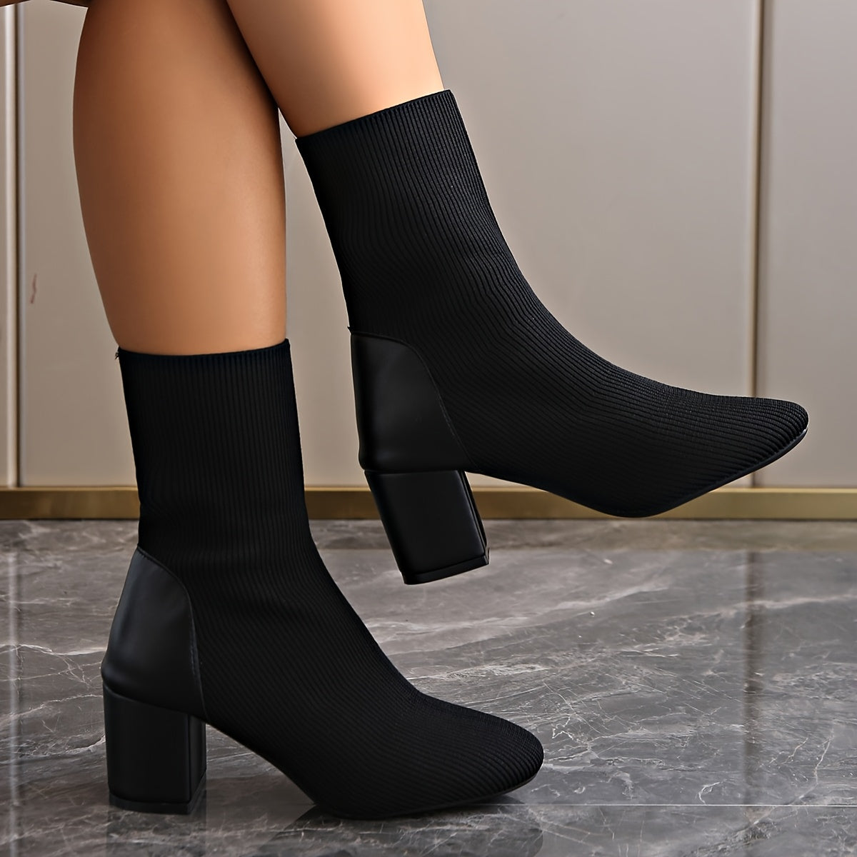 Rosgrove | Women - Black Knitted Ankle Boots - Chunky Heel