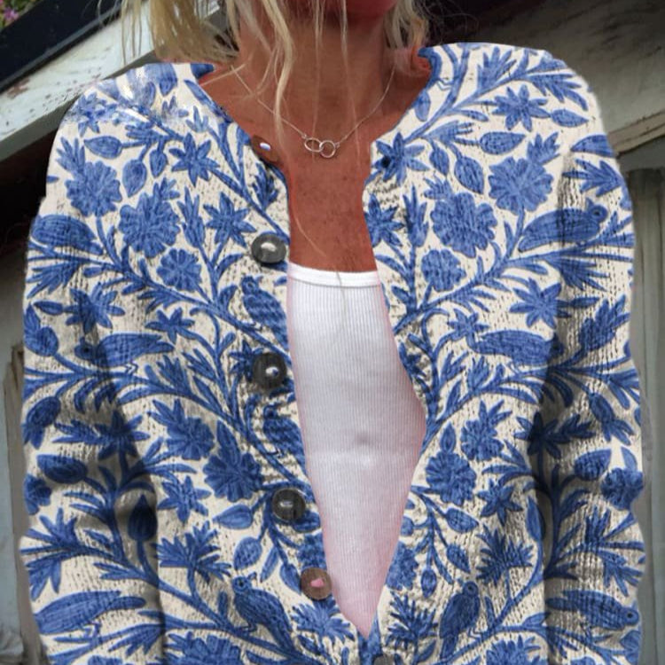Rosgrove | Women - Floral Knit Cardigan - Crew Neck