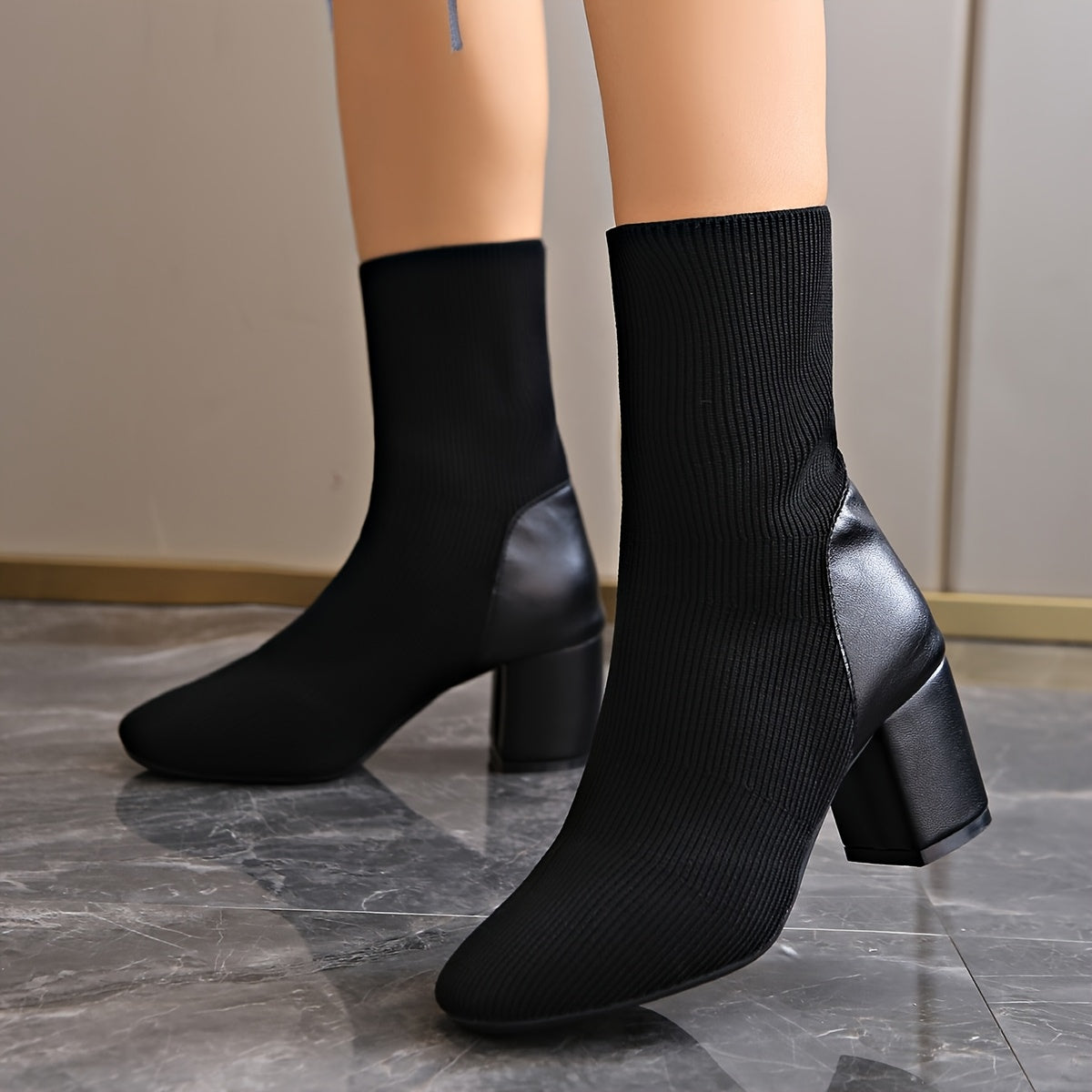Rosgrove | Women - Black Knitted Ankle Boots - Chunky Heel