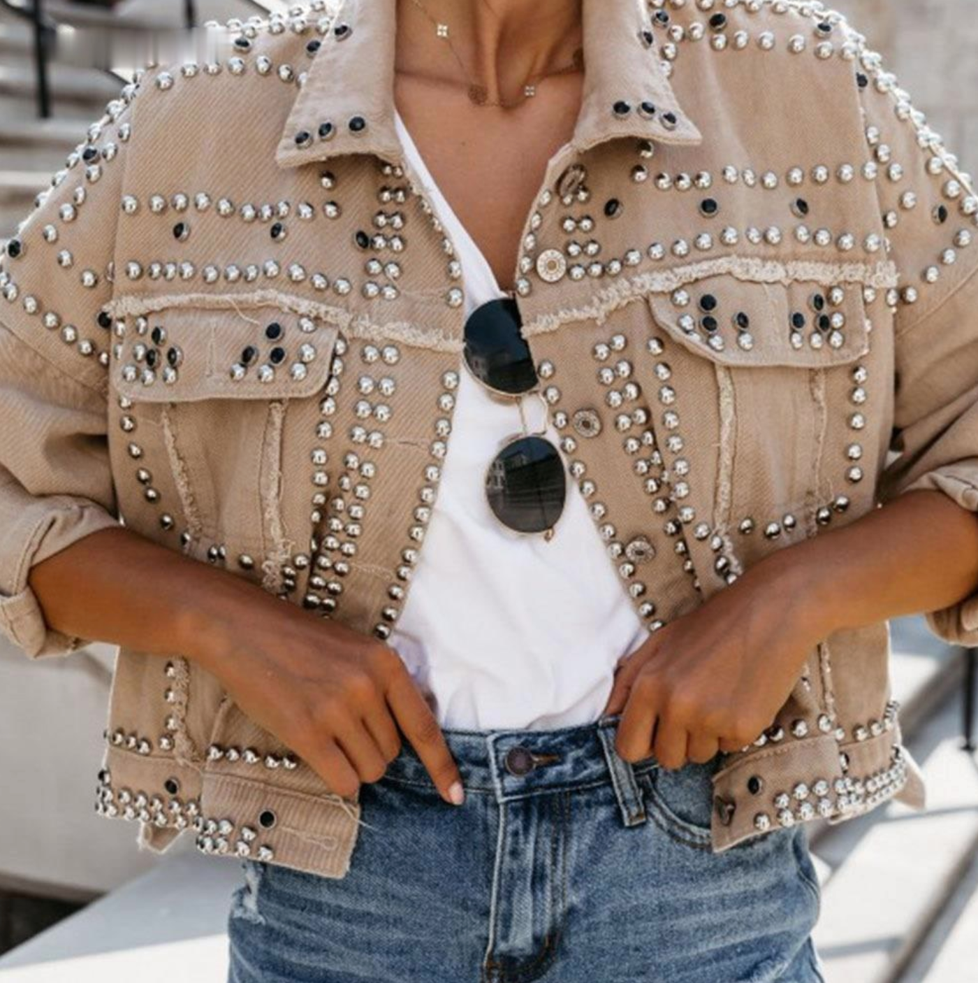 Rosgrove | Women - Studded Bomber Jacket - Button Front