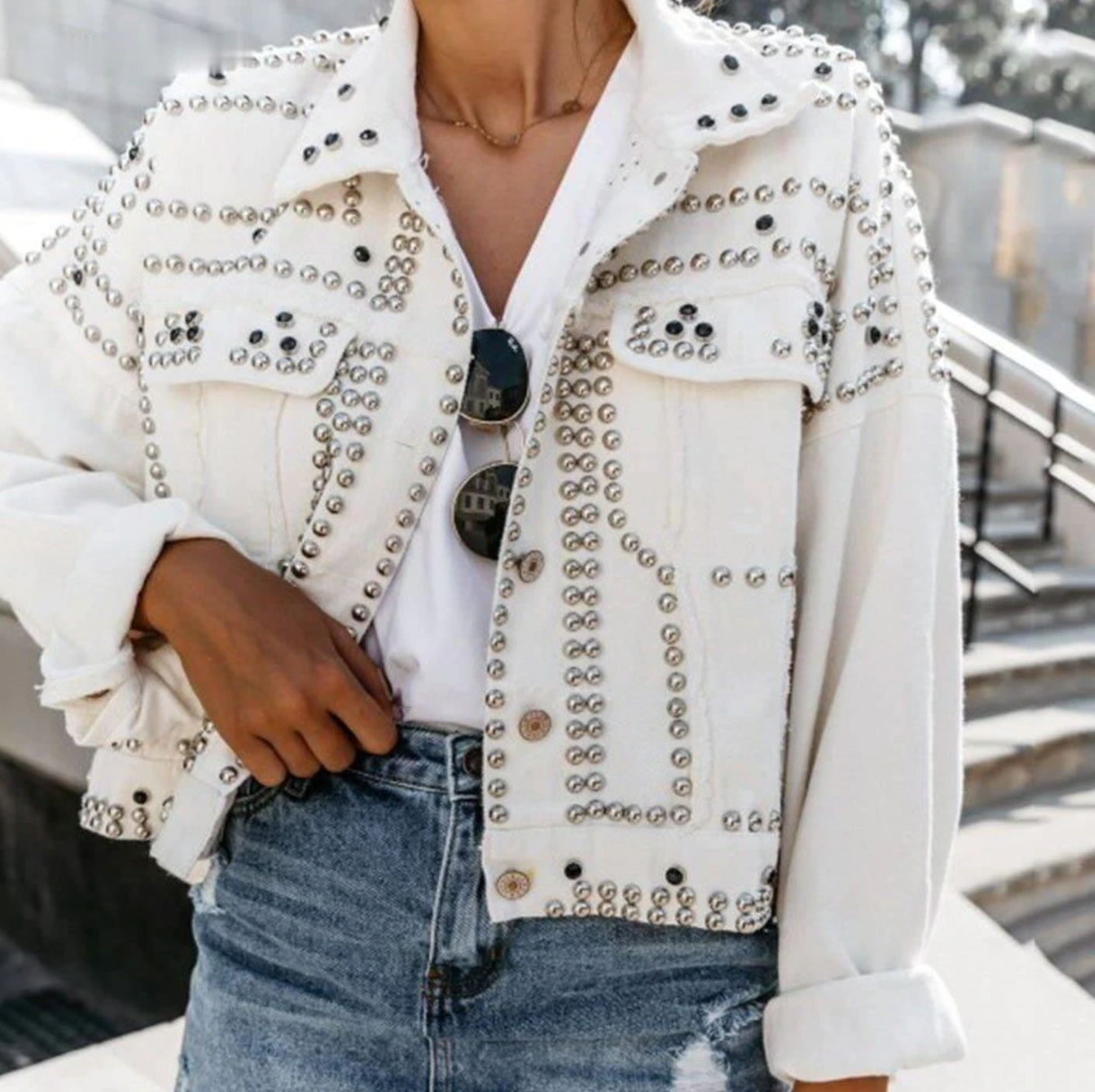 Rosgrove | Women - Studded Bomber Jacket - Button Front