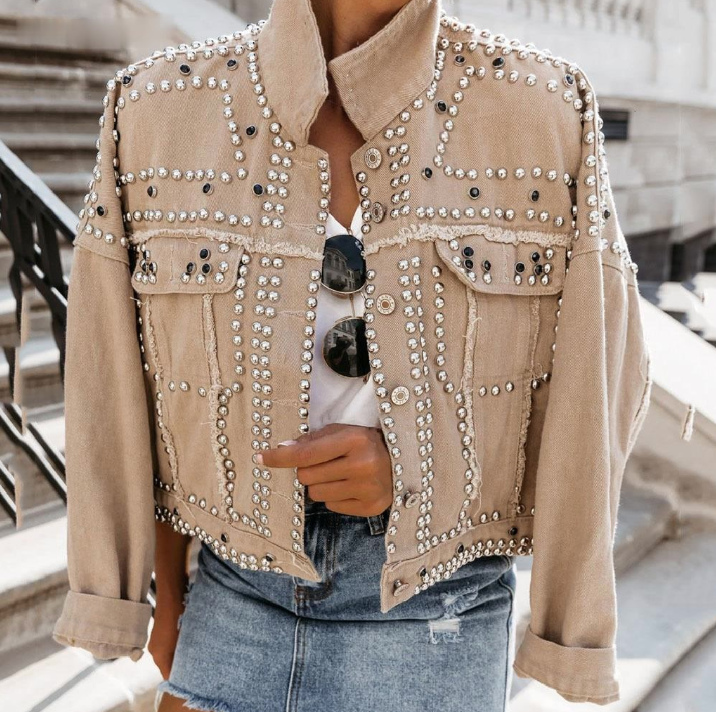 Rosgrove | Women - Studded Bomber Jacket - Button Front