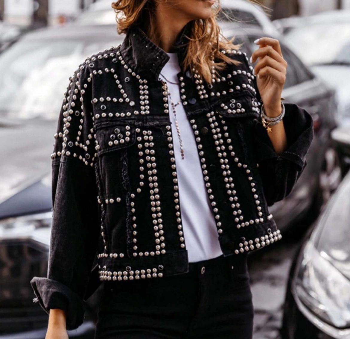 Rosgrove | Women - Studded Bomber Jacket - Button Front