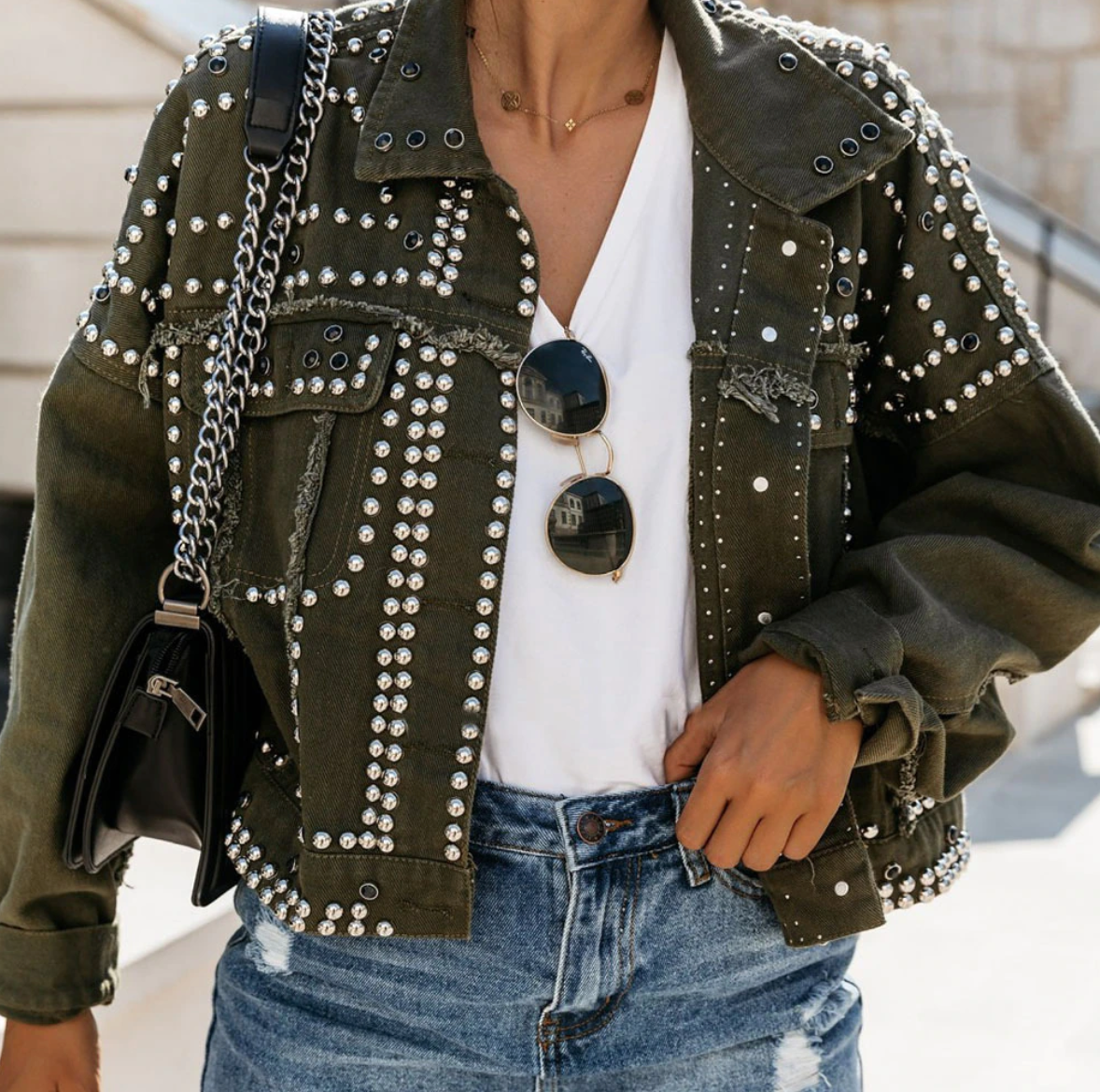 Rosgrove | Women - Studded Bomber Jacket - Button Front