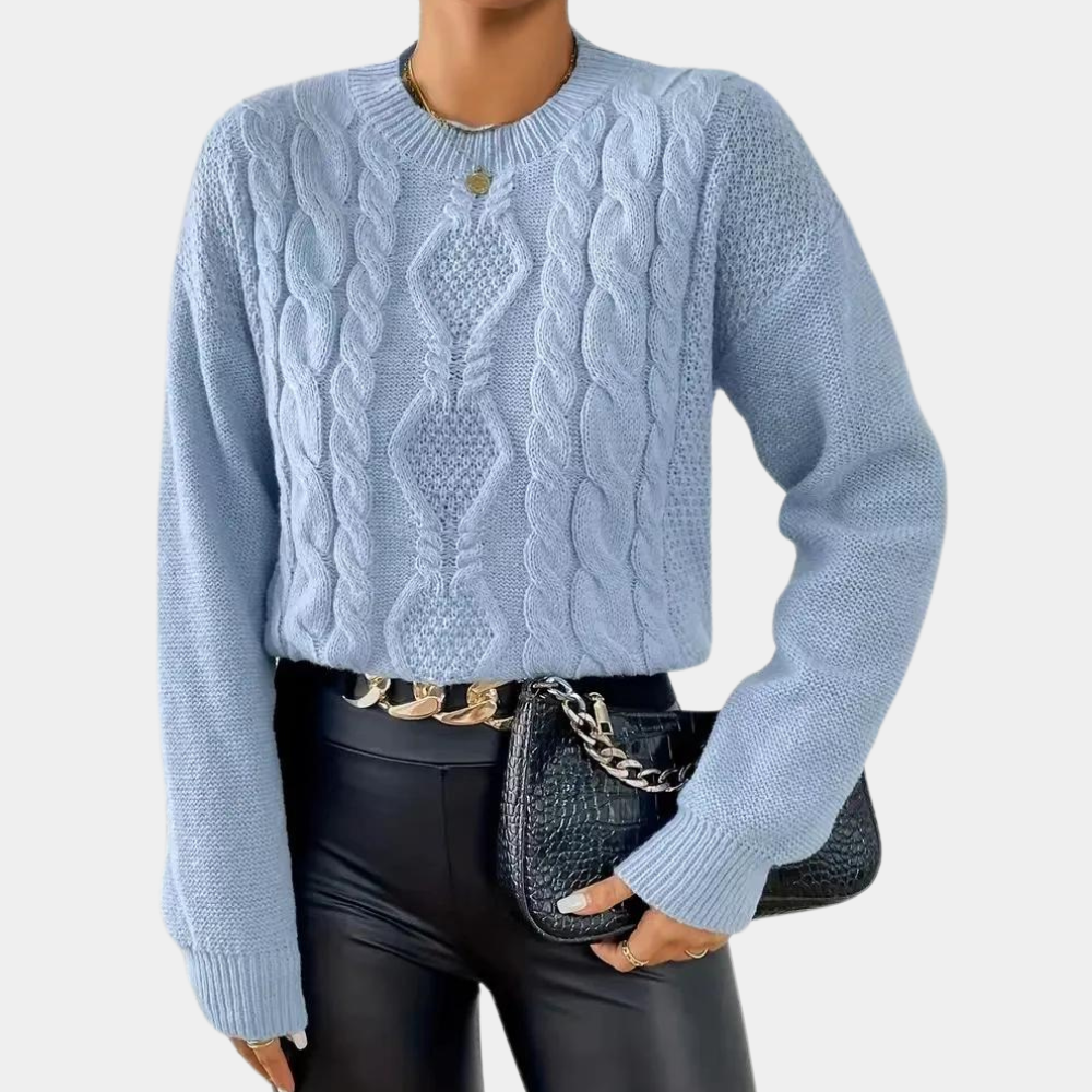 Rosgrove | Women - Cable Knit Jumper - Blue Round Neck