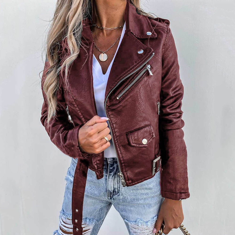 Rosgrove | Women - Faux Leather Jacket – Belted Zip-Up Style