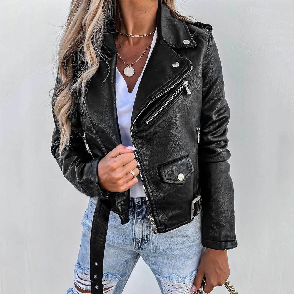 Rosgrove | Women - Faux Leather Jacket – Belted Zip-Up Style