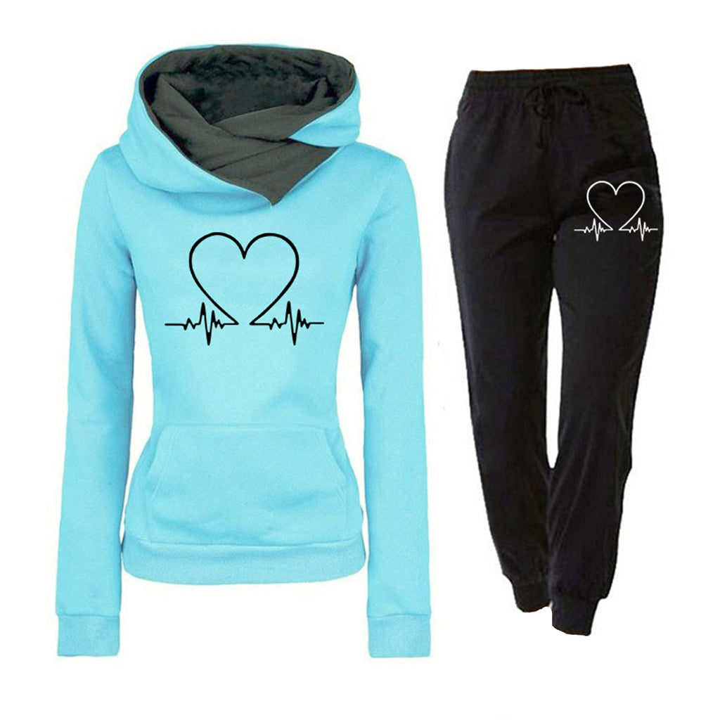 Rosgrove | Women - Loungewear Set - Heartbeat Print Hoodie & Joggers
