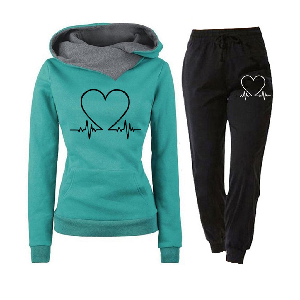 Rosgrove | Women - Loungewear Set - Heartbeat Print Hoodie & Joggers