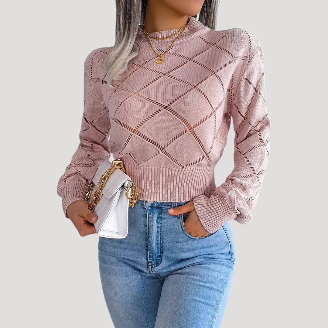 Rosgrove | Women - Cropped Knitted High Neck Pullover Jumper - Diamond Pattern