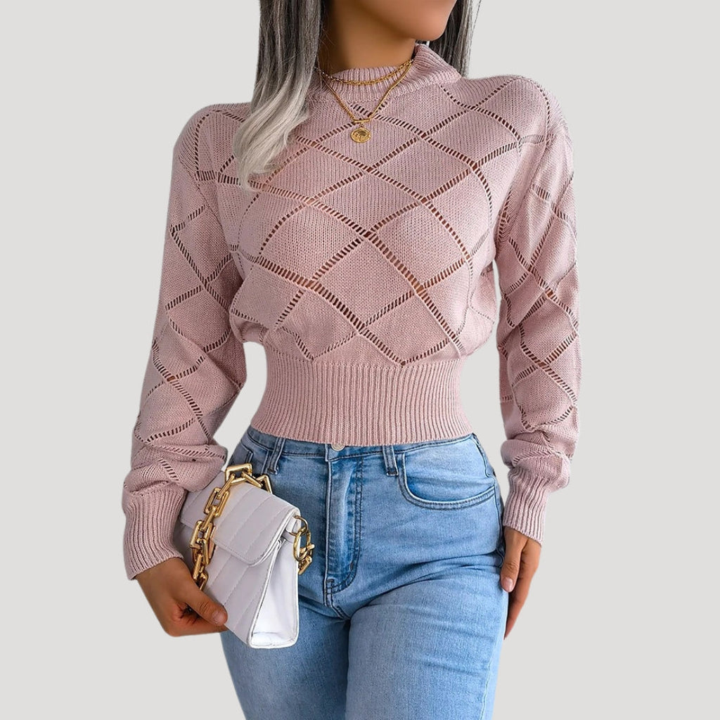 Rosgrove | Women - Cropped Knitted High Neck Pullover Jumper - Diamond Pattern