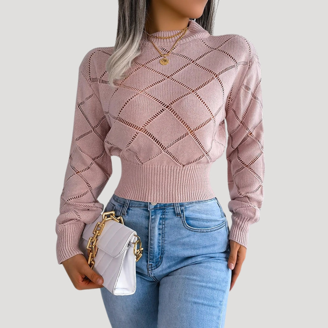 Rosgrove | Women - Cropped Knitted High Neck Pullover Jumper - Diamond Pattern