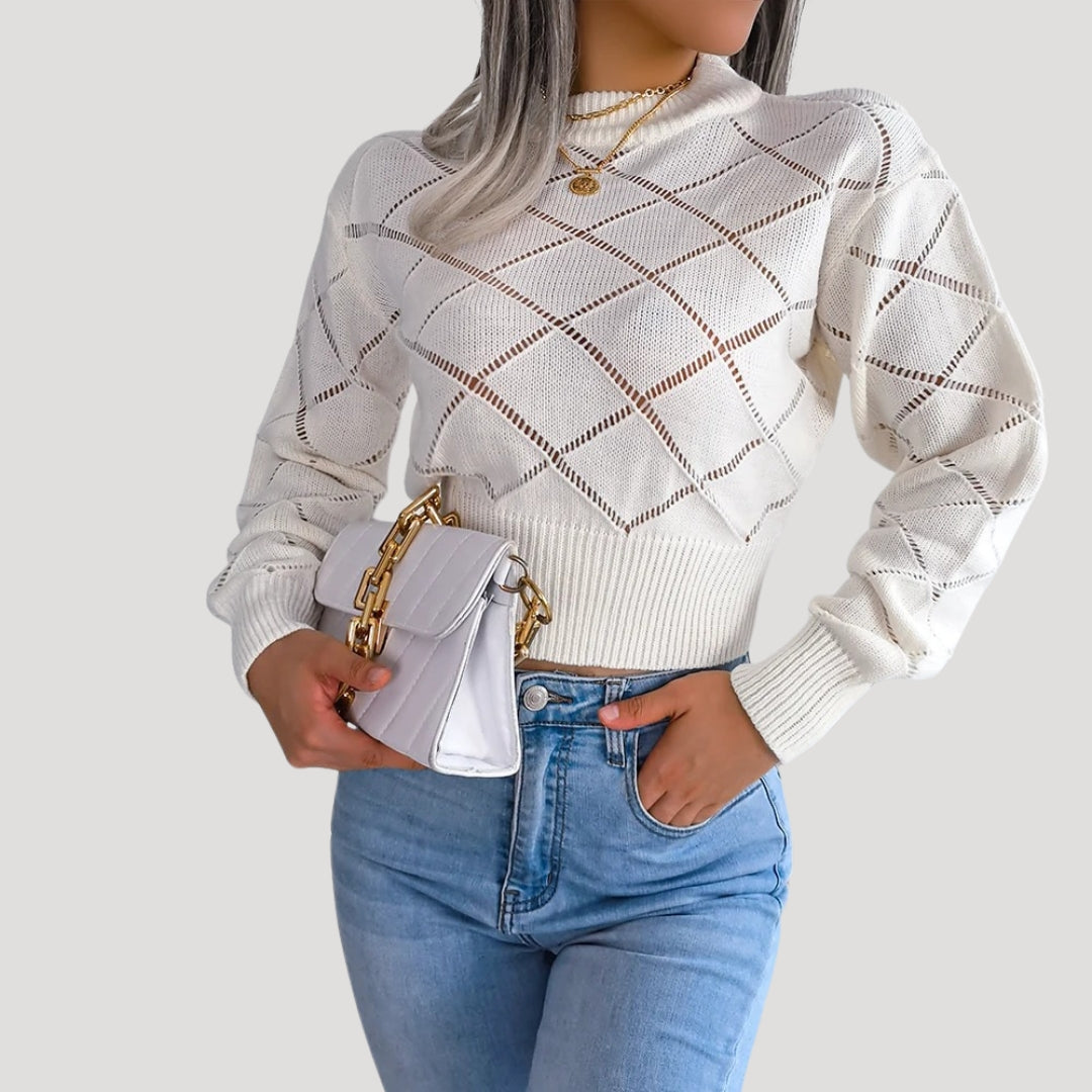 Rosgrove | Women - Cropped Knitted High Neck Pullover Jumper - Diamond Pattern