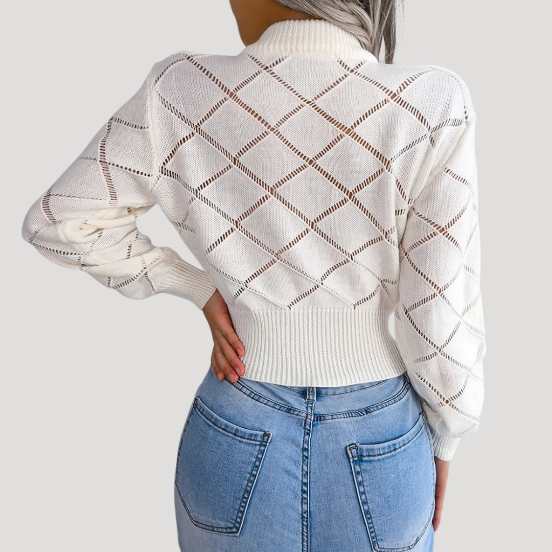 Rosgrove | Women - Cropped Knitted High Neck Pullover Jumper - Diamond Pattern