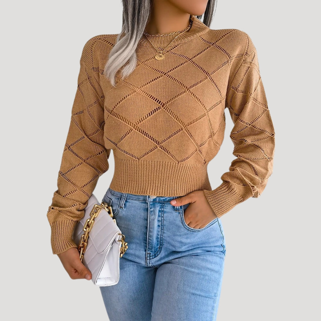Rosgrove | Women - Cropped Knitted High Neck Pullover Jumper - Diamond Pattern