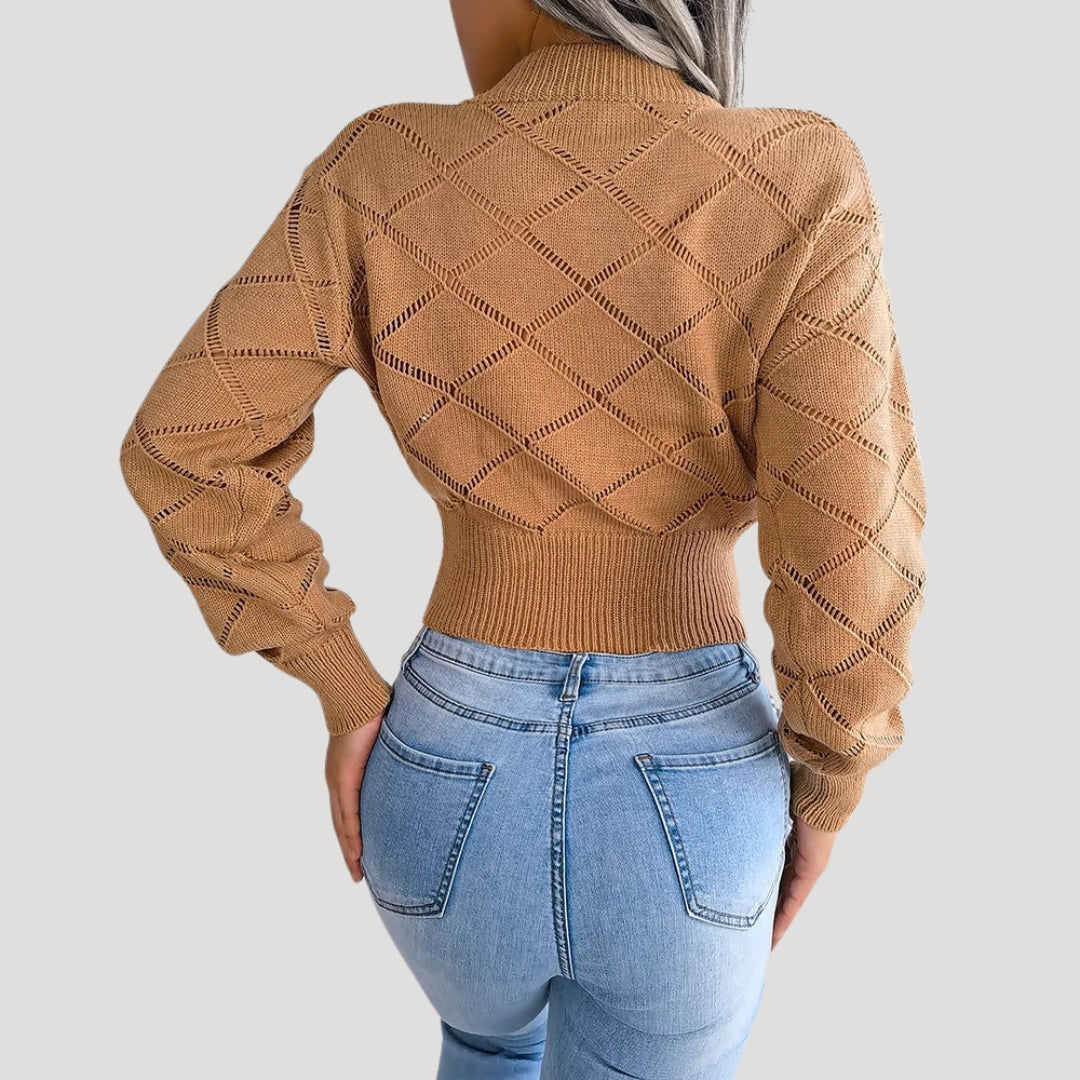 Rosgrove | Women - Cropped Knitted High Neck Pullover Jumper - Diamond Pattern
