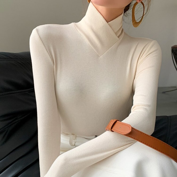 Rosgrove | Women - Slim Fit Turtleneck Top - Ribbed Draped Neck
