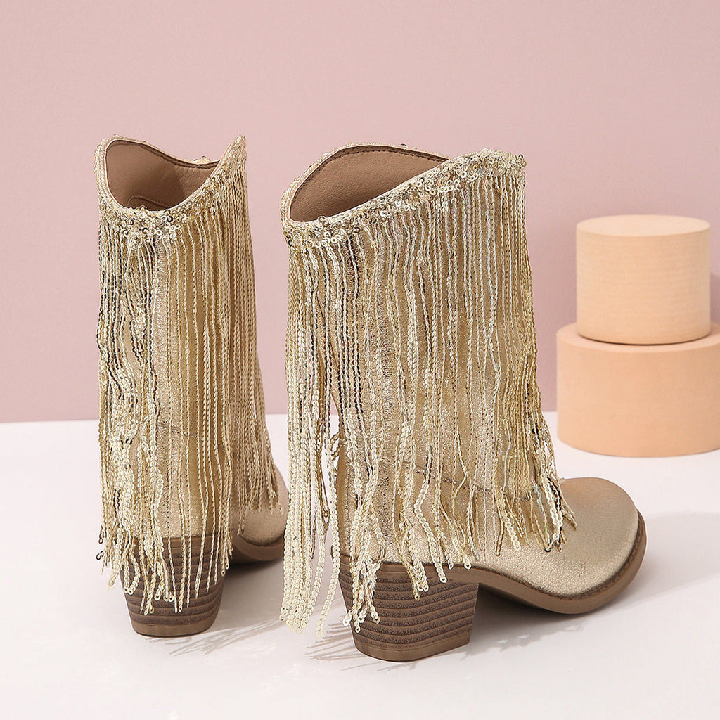 Rosgrove | Women - Mid-Calf Boots - Sequin Fringe Design