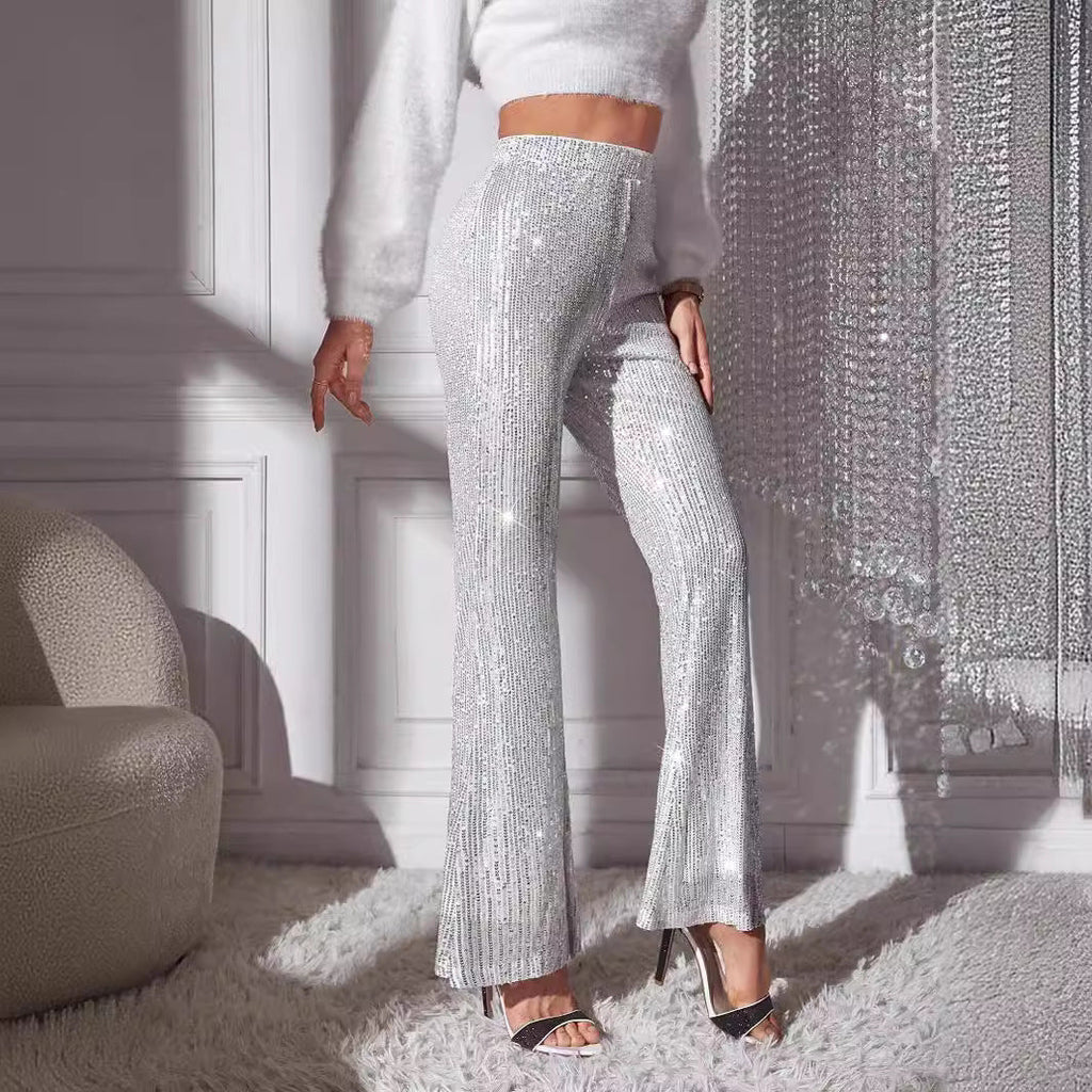 Rosgrove | Women - Elegant High-Waisted Trousers with Glitter Details