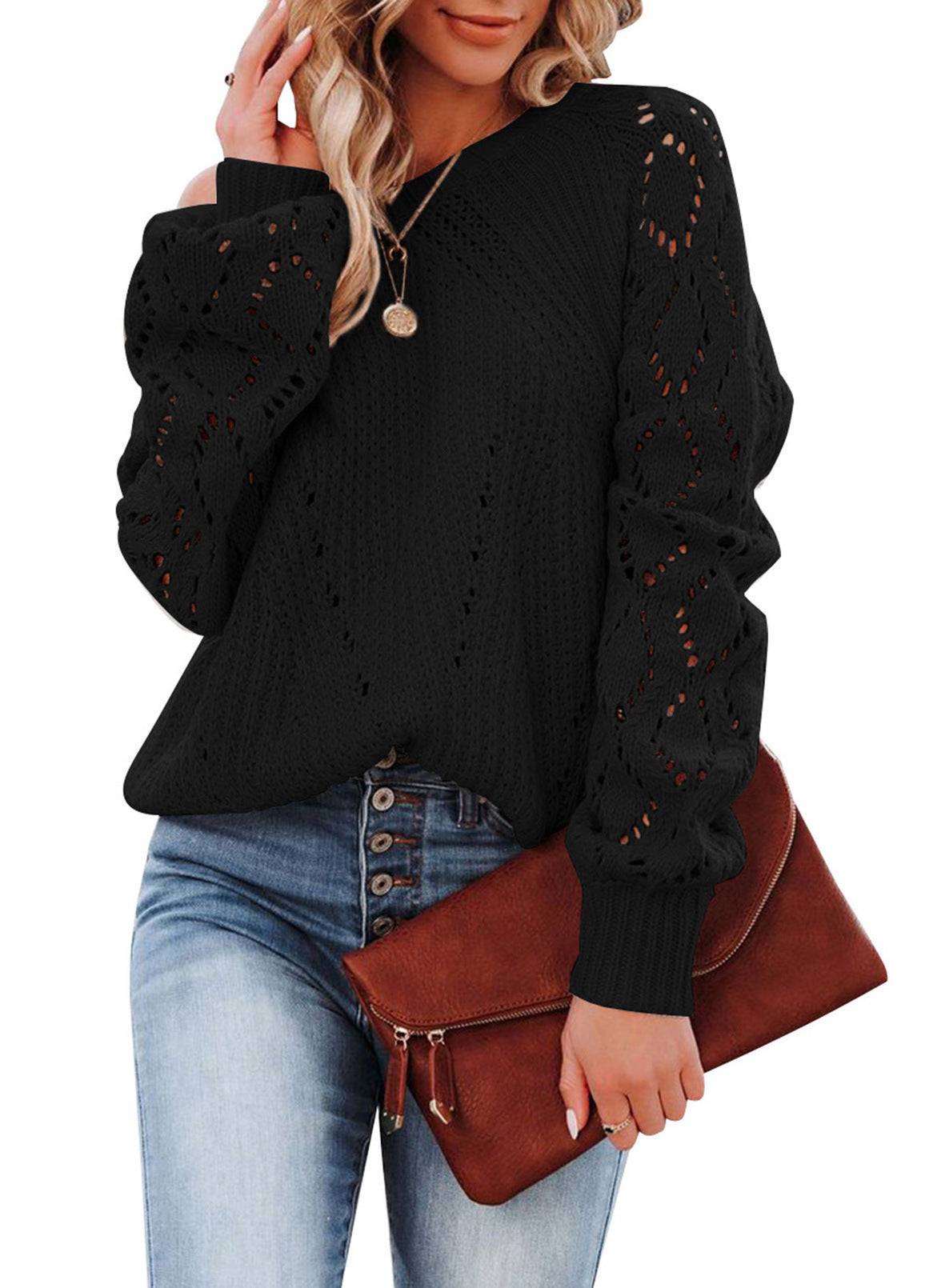 Rosgrove | Women - Lace Pattern Knitted Jumper - Voluminous Sleeves