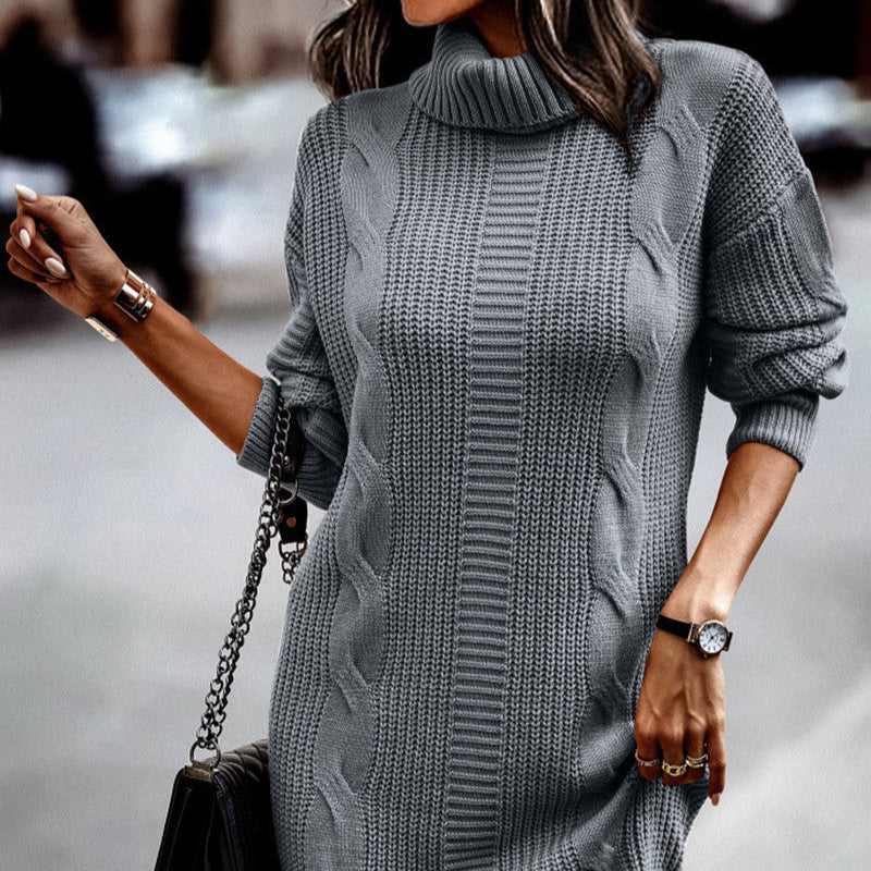 Rosgrove | Women - Chic Cord Pattern Knitted Dress - High Collar