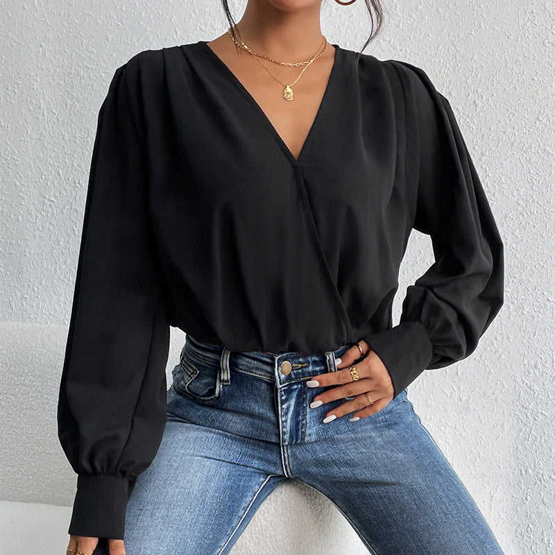 Rosgrove | Women - Elegant V-Neck Blouse - Voluminous Sleeves