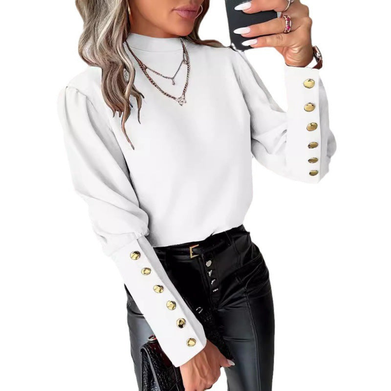 Rosgrove | Women - Elegant Puff Sleeves Blouse - Gold Buttons
