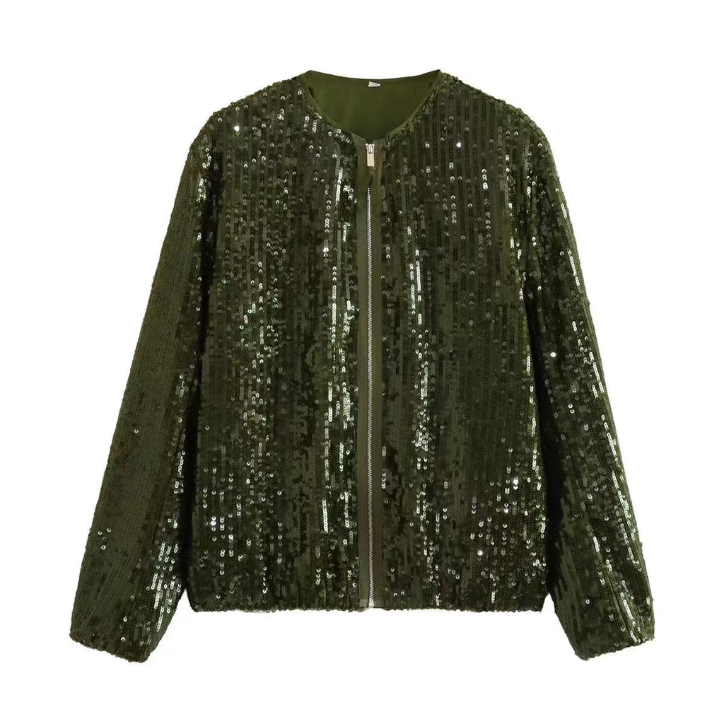 Rosgrove | Women - Stand Collar Sequin Jacket - Zip Front