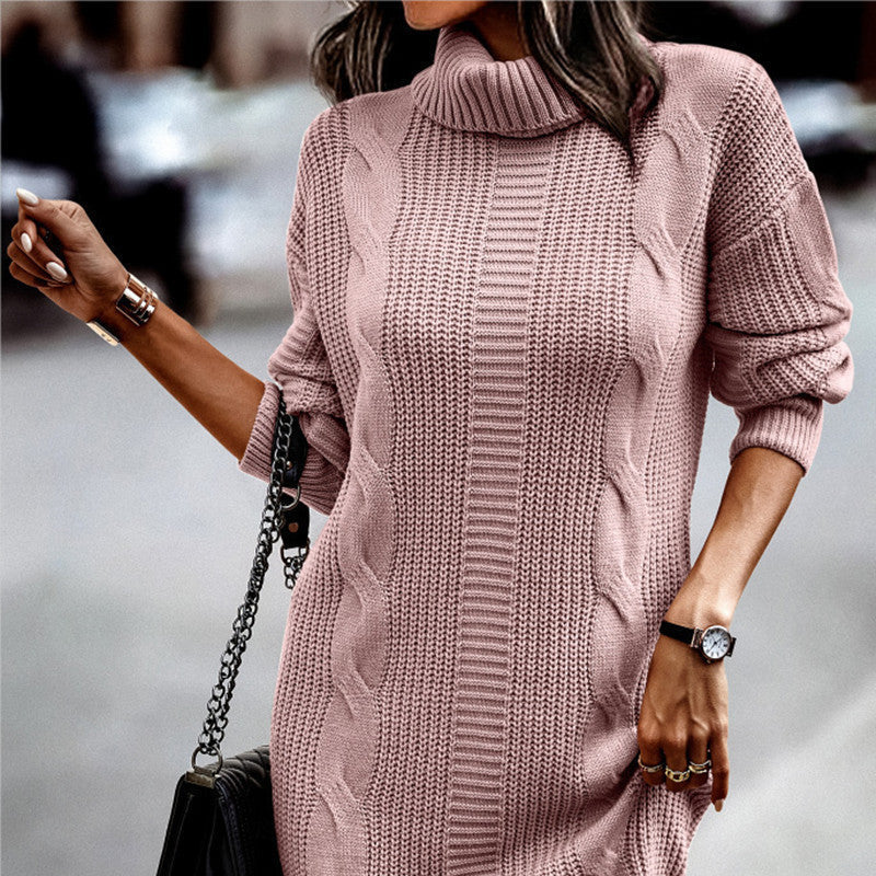 Rosgrove | Women - Chic Cord Pattern Knitted Dress - High Collar
