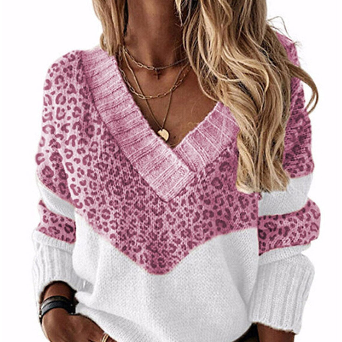 Rosgrove | Women - V-Neck Leopard Print Jumper - Stylish Knit