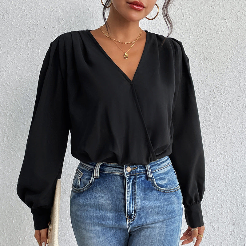 Rosgrove | Women - Elegant V-Neck Blouse - Voluminous Sleeves