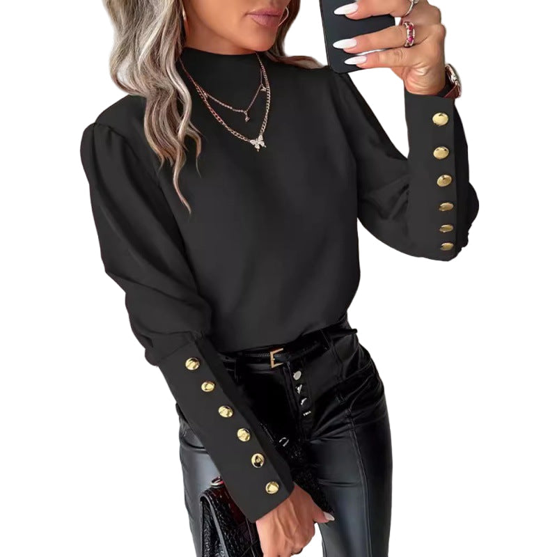 Rosgrove | Women - Elegant Puff Sleeves Blouse - Gold Buttons