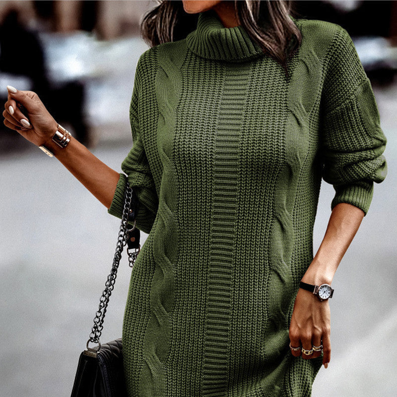 Rosgrove | Women - Chic Cord Pattern Knitted Dress - High Collar