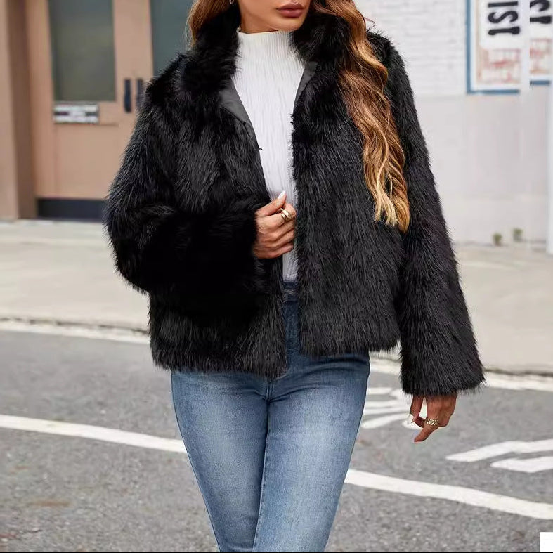 Rosgrove | Women - Faux Fur Short Jacket - Trendy Collar