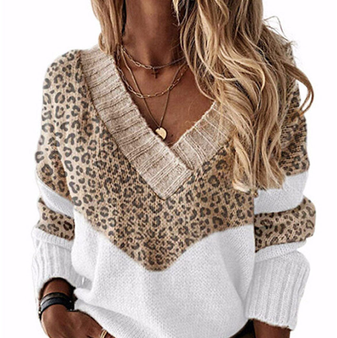 Rosgrove | Women - V-Neck Leopard Print Jumper - Stylish Knit