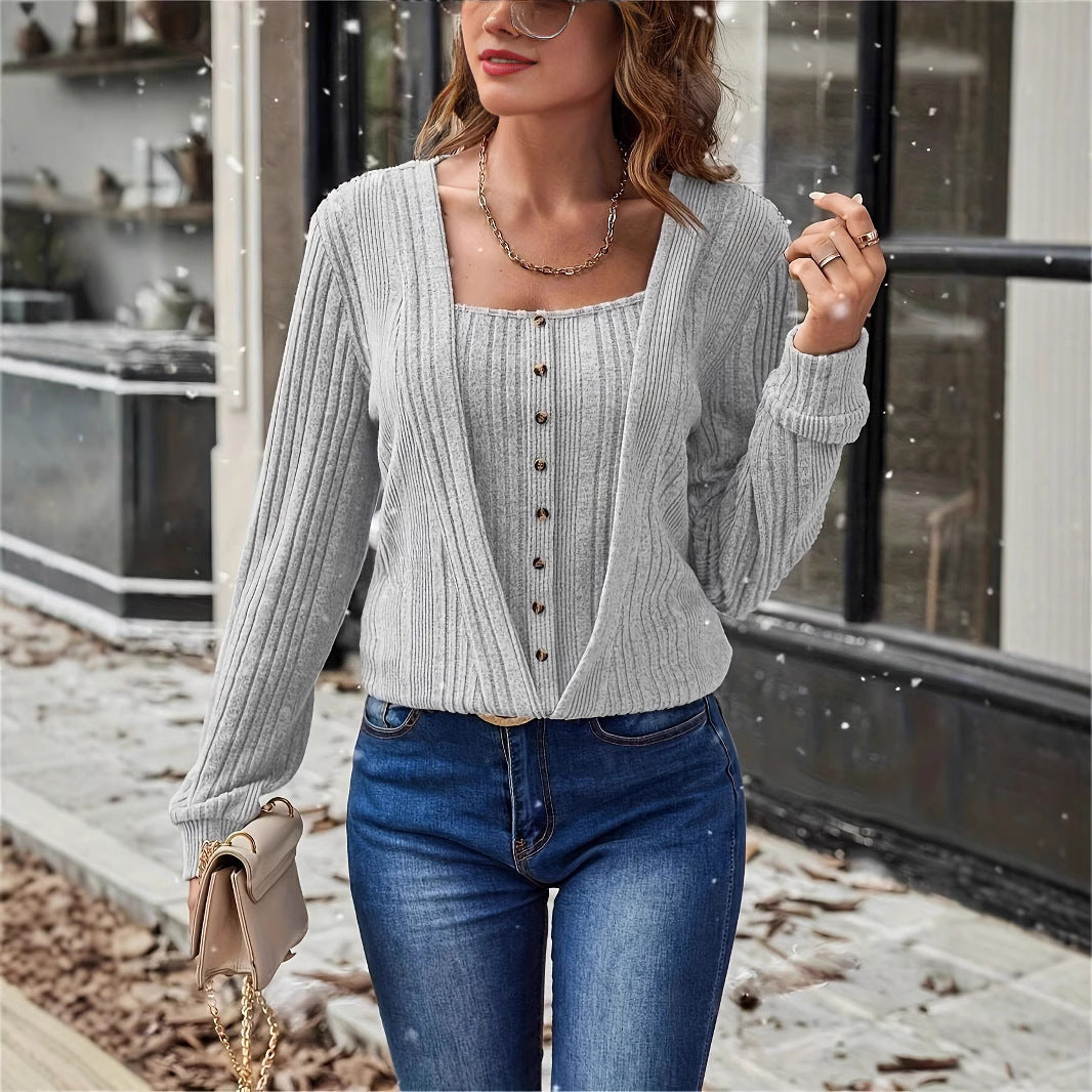 Rosgrove | Women - Deep V-Neck Cardigan - Button Detail