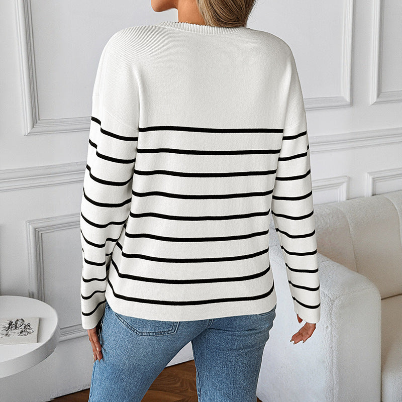 Rosgrove | Women - Knitted V-Neck Jumper - Striped Pattern