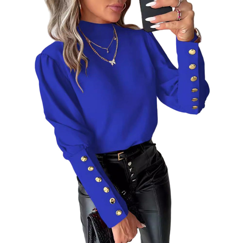 Rosgrove | Women - Elegant Puff Sleeves Blouse - Gold Buttons